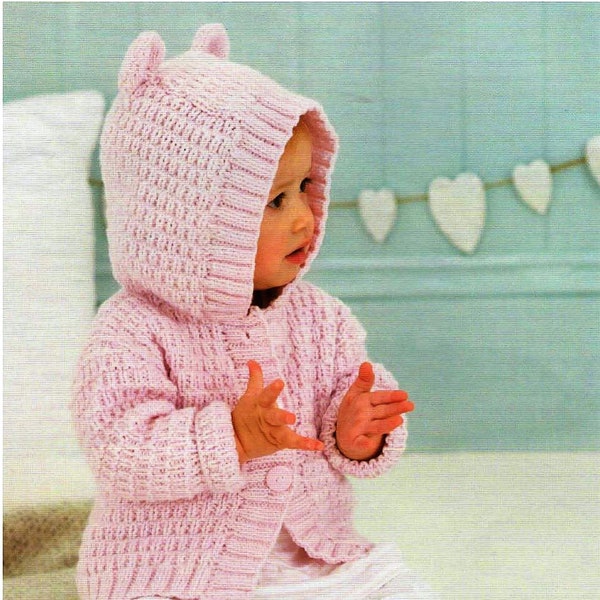 Baby Boys Girls Hooded Jacket Cardigan Cute Ears Hoody Childs PDF Knitting Pattern DK ( 8 ply )  16 - 24"  Newborn - 4 yrs Download