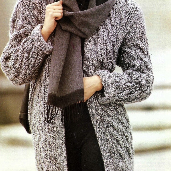 Ladies Long Cable Jacket Cardigan PDF Coat Knitting Pattern 34 - 38" Tweed DK ( 8 ply ) 80s Vintage Download