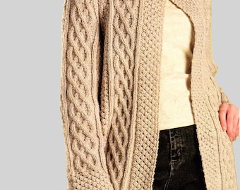 Ladies One Button Celtic Cable Jacket Womens High Neck Long Length Cardigan PDF Knitting Pattern Aran 10ply Worsted 32 - 44" Downloadable