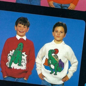 Childs Adults Dinosaur Motif Sweater Jumper Intarsia PDF Knitting Pattern 4ply ( Fingering ) 24 - 44&quot; Boys Mens Girls Vintage Download
