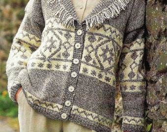 Ladies Long Length Fair Isle Jacket or Cardigan with Shawl Collar PDF Knitting Pattern Aran ( 10 ply, worsted ) 30 - 40" Vintage Download