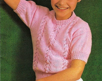 Girls Short Sleeve Lace Panel Spring Summer Top Sweater Jumper PDF Knitting Pattern DK 8 ply 22 - 30" 2 - 11 yrs Vintage Downlaod