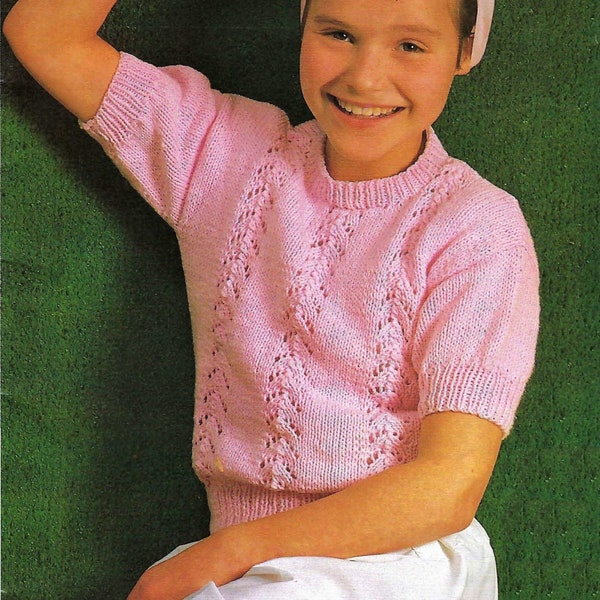 Girls Short Sleeve Lace Panel Spring Summer Top Sweater Jumper PDF Knitting Pattern DK 8 ply 22 - 30" 2 - 11 yrs Vintage Downlaod