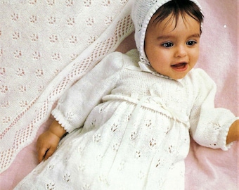 Baby Girls Lacy Christening Dress Long Gown Shawl Bonnet PDF Knitting Pattern 3 ply 0 - 6 mths Vintage Heirloom