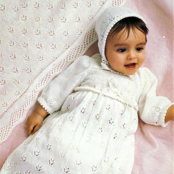 Baby Girls Lacy Christening Dress Long Gown Shawl Bonnet PDF Knitting Pattern 3 ply 0 - 6 mths Vintage Heirloom