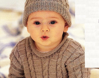 Baby Toddler Boys Roll or Crew Neck Sweater Simple Cable Jumper Hat & Blanket PDF Knitting Pattern DK 8ply 18 - 26" 3mths - 6 yrs Download