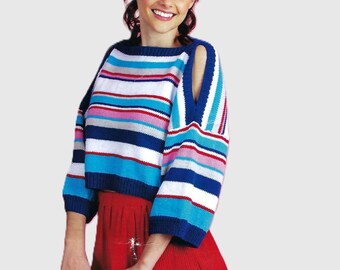 Easy Knit Ladies Open Shoulder Cropped Sweater Knitting Pattern PDF Womens Loose Fit Striped Crop Top Cotton DK 8ply 32 - 42" Downloadable
