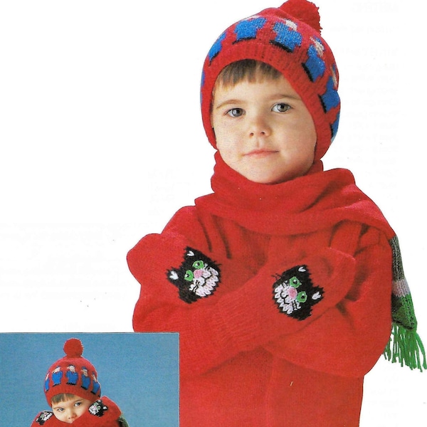 Childs Postman Pat Motif Hat Mittens Scarf PDF Knitting Pattern Boys Girls TV Character Accessories Age 2 - 6 DK ( 8 ply ) Vintage Download