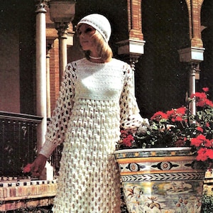 Ladies Long Lacy Wedding Dress & Hat PDF Crochet Pattern DK ( 8 ply ) 32 - 42" Womens Vintage 70s Downloadable