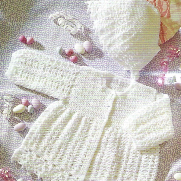 Baby Girls Lacy Matinee Coat Jacket Cardigan Bonnet PDF Crochet Pattern 4ply 16 - 20" 0 - 2 yrs Vintage Download 5270