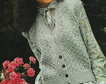 Laides Womens Easy Knit Lacy Waistcoat Sleeveless Cardigan PDF Knitting Pattern DK (  8 ply ) 30 - 43" Vintage Download