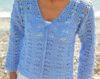 Ladies Easy Crochet Cardigan Pattern PDF Womens Lacy Summer Jacket V Neck DK ( 8ply ) 30 - 40" Downloadable
