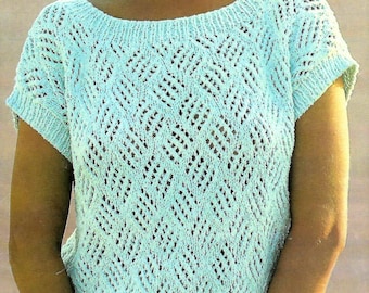 Ladies Lacy Diamond Summer Top Short Sleeve Womens Scoop Neck Sweater PDF Knitting Pattern Cotton DK ( 8 ply ) 30 - 40" Vintage Download