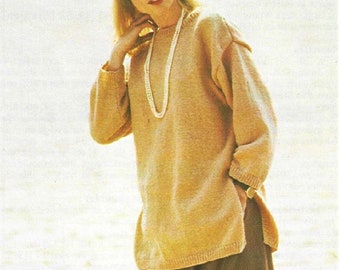 Ladies Loose Fit Tunic Plain Sweater Long Jumper Easy PDF Knitting Pattern DK ( 8 ply ) 34 - 40"  Womens Vintage Downlaod