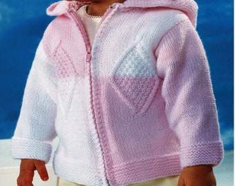 Baby Girls Zip Front Easy Knit Hooded Jacket Gillet Waistcoat with Diamond Motif PDF Knititng Pattern DK ( 8 ply ) 16 - 26" 0 - 7 yrs