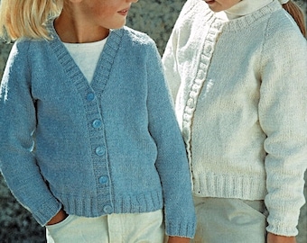 Girls Plain Raglan Cardigan with V or Round Neck PDF Knitting Pattern DK ( 8 ply ) 22 - 32" Age 1 - 12 years Vintage Downlaod