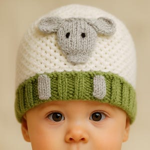 Very Easy Knit Sheep Motif Baby Beanie Hat PDF Knitting Pattern DK ( 8 ply ) Premature sizes - 2 years Downloadable
