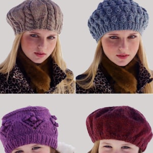 May include: Four knitted berets in different colors and styles. The berets are shown on models with different hair colors and lengths. The berets are all made with a cable knit pattern.