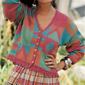 Ladies Lace Edge Colour Block Crop Jacket Womens Cardigan PDF Knitting Pattern DK ( 8 ply )  32 - 38&quot; Vintage Downlaod