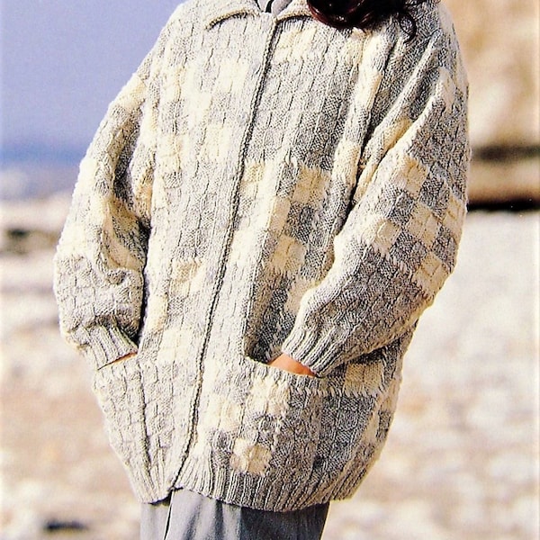 Ladies Long Textured 2 Colour Jacket in Block Design Cardigan with Pockets &  Hat PDF Knitting Pattern Aran ( 10 ply, Worsted ) 32 - 42"