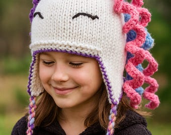 Chunky Unicorn Helmet Hat Easy Knit PDF knitting Pattern with Earflaps Muffs Childs Girls Womens Age 2 - Adult Bulky 12ply Novelty Download