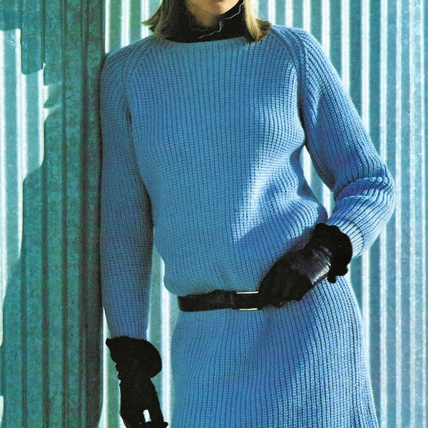 Ladies Womens Teenager Long Tunic Dress Raglan Shaping Rib Design PDF Knitting Pattern 4 ply 31 - 35" ( 81 - 91 cm ) Vintage Download
