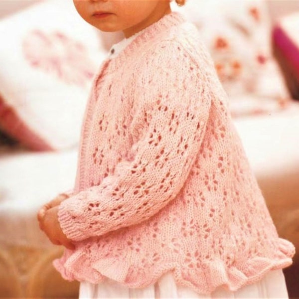 Baby Girls Pretty Peplum Frill Bottom Jacket Lacy Eyelet Cardigan PDF Knitting Pattern DK ( 8 ply ) 18 - 26" 3m - 6 yrs Vintage Download