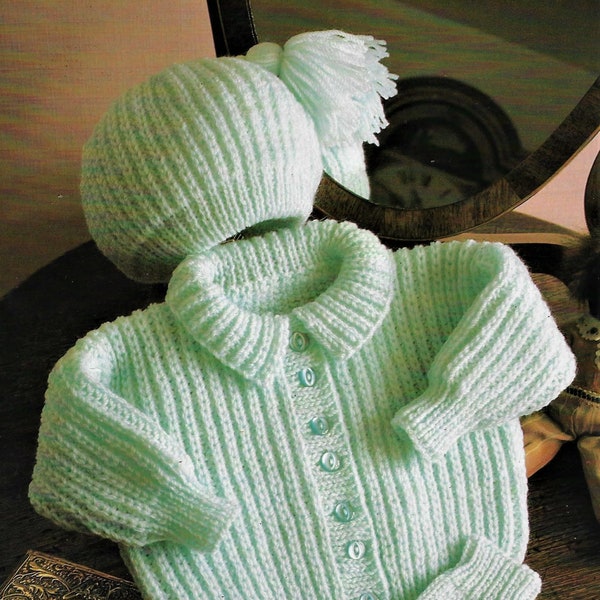 Baby Boys Rib Jacket Tassle Hat Mittens Cardigan Collar Mittens PDF Knitting Pattern DK ( 8 ply ) 18 - 24" 3mths - 4 yrs Vintage Download