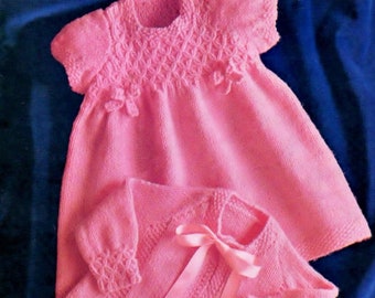 Baby Girls Bow Detail Pretty Short Sleeve Smocked Dress Matinee Coat Cardigan PDF Knitting Pattern DK ( 8 ply ) 18 - 20" Vintage