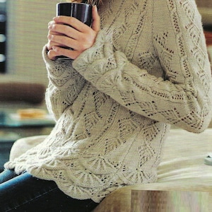 Ladies Long Tunic Sweater with Lacy Fan Edging & Cable Design Womens Jumper PDF Knitting Pattern DK ( 8 ply ) 32 - 42" Downloadable