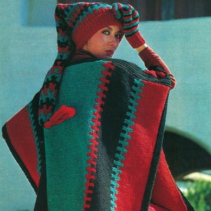 Womens Ladies Poncho Blanket Fair Isle Chunky Pixie Hat & Mittens PDF Knitting Pattern Chunky Bulky 12 ply Vintage 70s Download