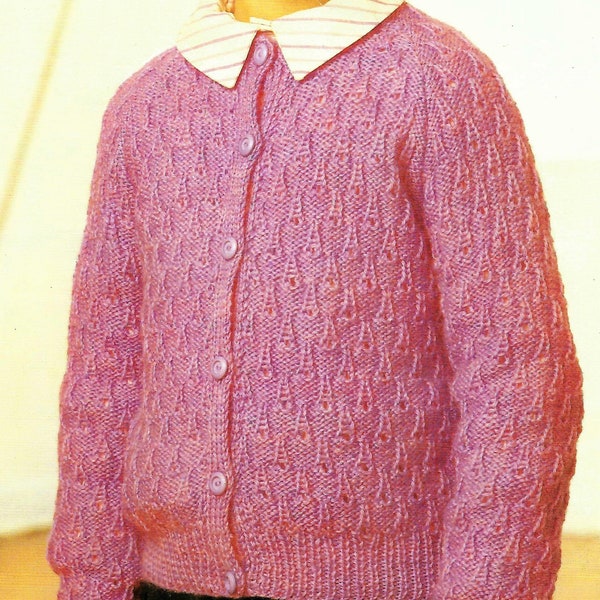PDF Knitting Pattern Girls Childs Textured Cardigan Raglan  PDF Knitting Pattern DK ( 8 ply ) 22 - 30" Age 2 - 11 yrs Crew Neck Vintage 3173