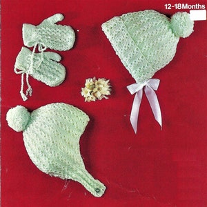 PDF Knitting Pattern Baby Boys Girls Helmet Hat Bonnet Mittens 12 - 18 mths DK ( 8 ply ) Vintage Download 3241
