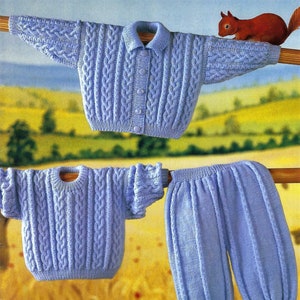 May include: A set of three knitted baby clothes in a light blue colour. The set includes a cardigan with buttons, a jumper, and a pair of trousers.