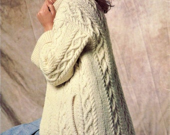 Ladies Long Length Cable Coat Jacket Womens Cardigan PDF Knitting Pattern Aran ( 10 ply, Worsted ) 34 - 42" with pockets Vintage