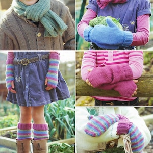 May include: A collage of four images showing different knitted accessories for children. The top left image shows a child wearing a green knitted scarf. The top right image shows a child wearing a blue knitted hat and mittens. The bottom left image shows a child wearing a purple skirt and striped knitted arm warmers. The bottom right image shows a child wearing a striped knitted arm warmer and a pink knitted mitten.