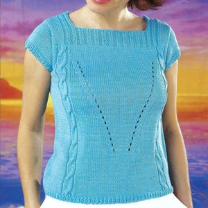 Ladies Easy Knit Summer Top Knitting Pattern PDF Womens Lace & Cable Square Neck Sweater DK ( 8ply ) 32 - 50&quot; Plus Sizes Downloadable