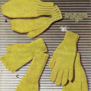 May include: A knitting pattern for men's gloves and mittens using double knitting wool. The pattern includes three different styles: a pair of fingerless gloves, a pair of mittens, and a pair of gloves with a thumb hole. The pattern is labelled with the letters A, B, and C.