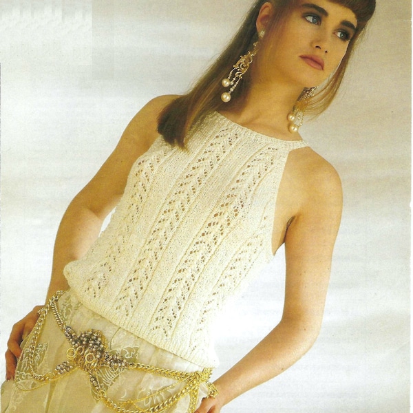 Ladies Sleeveless Summer Vest top with Lacy Design Womens PDF Knitting Pattern DK ( 8 ply ) 30 - 40" Vintage Downlaod