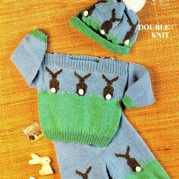 Baby Boys Girls Outfit Bunny Rabbit Motif Sweater Jumper Hat Trousers Set PDF Knitting Pattern DK ( 8 ply ) 18 - 22" 3m - 2 yrs Vinatge