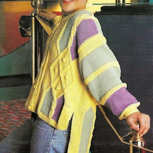 Girls Teenager Cable Twist Diamond Colour Block Jacket Cardigan Crop Front Tail PDF Knitting Pattern 26 - 32&quot; Cotton Aran ( 10 ply ) 2097