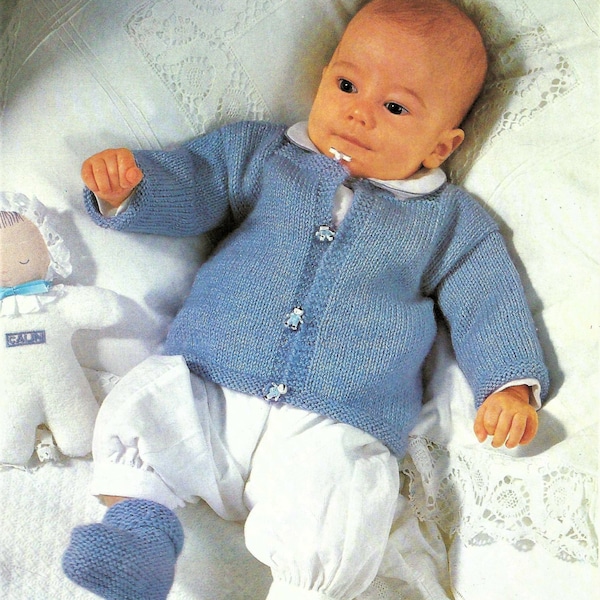 Easy Knit Baby Jacket Cardigan Sweater Boots Swiss Darn Motif Jumper PDF Knitting Pattern DK ( 8 ply )  17" Newborn Boys Girls