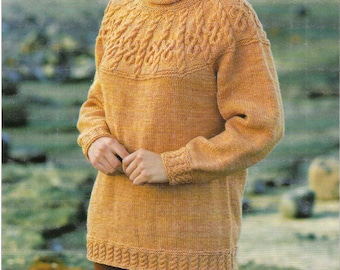 Ladies Womens Cable Yoke Long Tunic Sweater Jumper Pullover PDF Knitting Pattern Aran ( 10 ply, worsted ) 32 - 42" Vintage Download 4749
