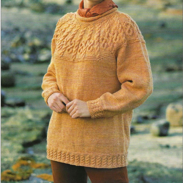 Ladies Womens Cable Yoke Long Tunic Sweater Jumper Pullover PDF Knitting Pattern Aran ( 10 ply, worsted ) 32 - 42" Vintage Download 4749