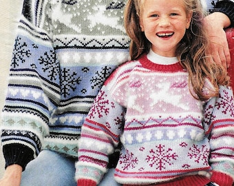 Womens Girls Reindeer & Snowflake Motif Fair Isle Sweater Ladies Christmas Jumper PDF Knitting Pattern DK 8 ply 26 - 42" Vintage Downlaod