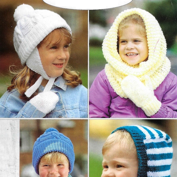 Boys Girls Bobble Hat Striped Balaclava Snood Helmet & Mittens PDF Knitting Pattern Age 2 - 12 years DK ( 8 ply )