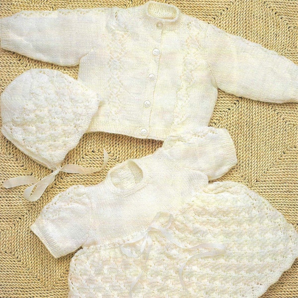 Premature Baby Girls Pretty Dress Bonnet & Cardigan Set PDF Knitting Pattern  12 - 20" Tiny Baby or Dolls - 12 mths 4ply ( Fingering )