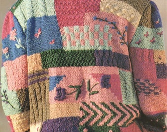 Ladies Patchwork Colour Block Jacket Cardigan cable Bobble Flower Embroidery PDF Knitting Pattern Aran ( 10 ply ) up to 40&quot; Vintage Download