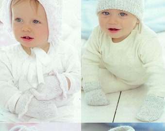 Baby Girls Boys Beanie Hat Frilly Bonnet Bootees and Mittens Set PDF Knitting Pattern 4ply Age 0 - 2 years Downoadable
