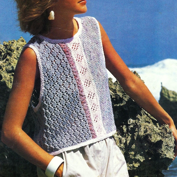 Ladies Sleeveless Summer Top Lacy Panel Design Womens Sweater Tank Top PDF Knitting Pattern Cotton DK ( 8 ply ) 32 - 38" Vintage Retro 80s